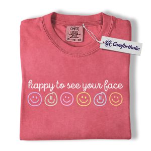 Alternative view of Happy to See Your Face Teacher Shirt, Smiley Face Teacher T-Shirt, Positive Message Graphic Tee, Kindness Gift for Educators, Classroom Kindness Comfort Colors Shirt