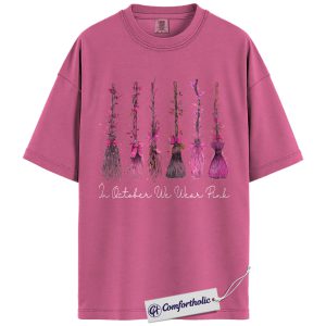 Alternative view of In October We Wear Pink Shirt, Breast Cancer Awareness Halloween T-Shirt, Witch Broom Graphic Tee for Women, Cancer Support Comfort Colors Shirt