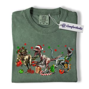 Alternative view of Dinosaur Christmas Shirt, Funny T-Rex and Velociraptor Holiday T-Shirt, Cute Jurassic Christmas Graphic Tee, Prehistoric Dino Lover Gift, Christmas Comfort Colors Shirt