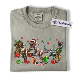 Dinosaur Christmas Shirt, Funny T-Rex and Velociraptor Holiday T-Shirt, Cute Jurassic Christmas Graphic Tee, Prehistoric Dino Lover Gift, Christmas Comfort Colors Shirt