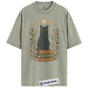Bookish Black Cat Shirt, Fantasy Reader T-Shirt, Dystopian Thriller Book Lover Graphic Tee, Aesthetic Literary Gift, Comfort Colors Shirt