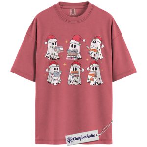Alternative view of Christmas Ghost Book Lover Shirt, Cute Holiday Ghost Reading T-Shirt, Funny Spooky Season Bookworm Tee, Festive Halloween and Christmas Gift, Comfort Colors Shirt