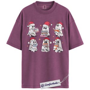 Christmas Ghost Book Lover Shirt, Cute Holiday Ghost Reading T-Shirt, Funny Spooky Season Bookworm Tee, Festive Halloween and Christmas Gift, Comfort Colors Shirt