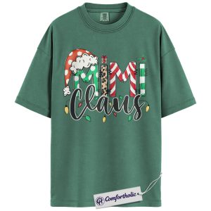 Alternative view of Mimi Claus Christmas Shirt, Cute Grandma Santa T-Shirt, Holiday Leopard and Candy Cane Graphic Tee, Festive Family Matching Gift, Christmas Comfort Colors Shirt