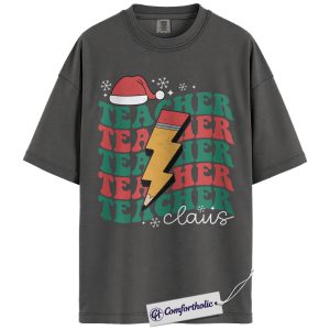 Alternative view of Teacher Claus Christmas Shirt, Funny Holiday Teacher T-Shirt, Lightning Bolt Retro Graphic Tee, Cute Gift for Educators and School Staff, Christmas Comfort Colors Shirt