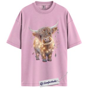 Alternative view of Highland Cow Christmas Shirt, Cute Scottish Cow in Holiday Lights T-Shirt, Farm Animal Christmas Graphic Tee, Country Western Holiday Gift, Christmas Comfort Colors Shirt