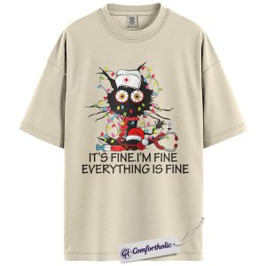 It’s Fine I’m Fine Everything Is Fine Nurse Shirt, Funny Christmas Cat T-Shirt, Cute RN Holiday Humor Graphic Tee, Stress Relief Gift for Nurses, Christmas Comfort Colors Shirt