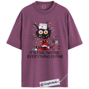 Alternative view of It’s Fine I’m Fine Everything Is Fine Nurse Shirt, Funny Christmas Cat T-Shirt, Cute RN Holiday Humor Graphic Tee, Stress Relief Gift for Nurses, Christmas Comfort Colors Shirt