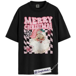 Alternative view of Retro Merry Christmas Shirt, Vintage Santa Claus T-Shirt, Cute Pink Holiday Graphic Tee, Festive Xmas Gift for Women, Christmas Comfort Colors Shirt