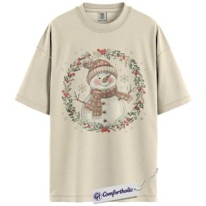 Alternative view of Snowman Christmas Shirt, Cute Winter Snowman Wreath T-Shirt, Festive Holiday Graphic Tee for Women, Cozy Christmas Gift Idea, Christmas Comfort Colors Shirt