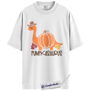 Alternative view of Pumpkasaurus Shirt, Cute Dinosaur Pumpkin T-Shirt, Funny Fall Graphic Tee for Kids and Adults, Autumn Thanksgiving Gift, Prehistoric Animal Comfort Colors Shirt