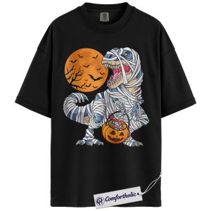 Halloween Dinosaur Mummy Shirt, Scary T-Rex Trick or Treat T-Shirt, Funny Halloween Costume Tee for Kids and Adults, Spooky Dino Comfort Colors Shirt