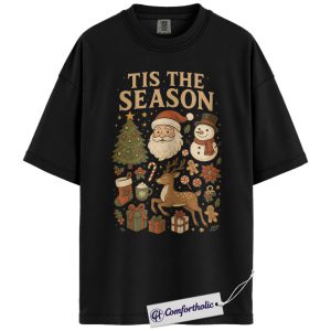 Alternative view of Tis The Season Christmas Shirt, Vintage Holiday T-Shirt, Cute Santa Claus & Reindeer Graphic Tee, Festive Winter Gift, Christmas Comfort Colors Shirt
