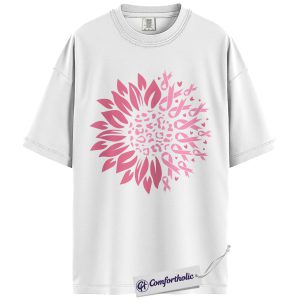 Alternative view of Pink Ribbon Sunflower Shirt, Breast Cancer Awareness T-Shirt, Leopard Print Floral Graphic Tee, Support Gift for Women, Comfort Colors Shirt