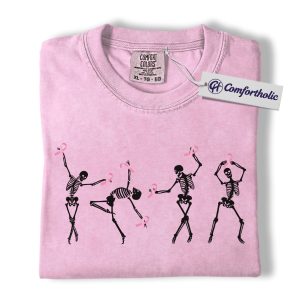 Dancing Skeletons Pink Ribbon Shirt, Breast Cancer Awareness Halloween T-Shirt, Spooky Support Graphic Tee, Cancer Awareness Gift, Comfort Colors Shirt