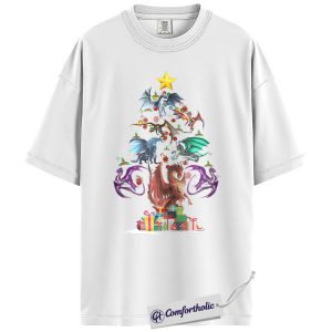 Alternative view of Dragon Christmas Tree Shirt, Fantasy Holiday T-Shirt, Mythical Creature Graphic Tee, Gift for Fantasy Lovers and Book Readers,