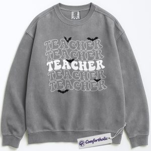 Alternative view of Spooky Teacher Sweatshirt, Retro Halloween Educator Crewneck, Cute Bat Graphic Pullover, Fun Fall Gift for Teachers, Comfort Colors Sweatshirt