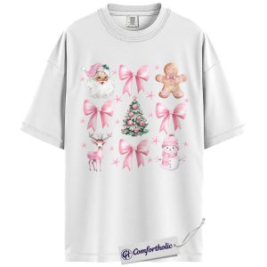 Alternative view of Pink Aesthetic Christmas Shirt, Cute Santa Gingerbread Reindeer T-Shirt, Vintage Holiday Graphic Tee, Girly Winter Gift for Women, Christmas Comfort Colors Shirt