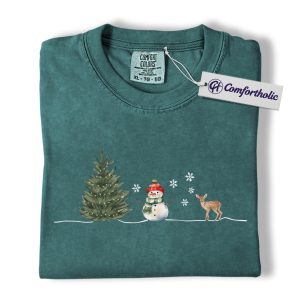Alternative view of Minimal Christmas Shirt, Watercolor Snowman Reindeer T-Shirt, Cozy Winter Holiday Graphic Tee, Christmas Comfort Colors Shirt