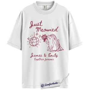 Alternative view of Custom Just Meowied Shirt, Personalized Cat Wedding T-Shirt, Funny Newlywed Couple Graphic Tee, Anniversary Gift for Cat Lovers, Comfort Colors Shirt