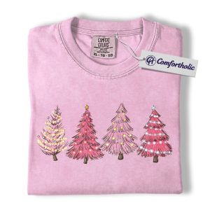 Pink Christmas Tree Shirt, Cute Holiday T-Shirt, Girly Aesthetic Christmas Graphic Tee, Festive Gift for Women, Christmas Comfort Colors Shirt