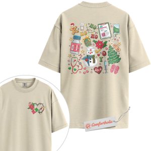 Alternative view of RN Nurse Christmas Shirt, Medical Worker Holiday T-Shirt, Cute Healthcare Snowman Graphic Tee, Christmas Gift for Registered Nurses, Christmas Comfort Colors Shirt 2-Sided
