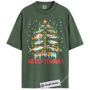 Alternative view of Merry Fishmas Shirt, Funny Fishing Christmas T-Shirt, Humor Outdoor Lover Graphic Tee, Festive Holiday Gift for Fishermen, Christmas Comfort Colors Shirt