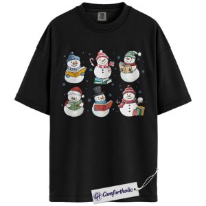 Alternative view of Christmas Book Lover Shirt, Cute Snowman Reading T-Shirt, Winter Literary Graphic Tee, Holiday Gift for Teachers and Readers, Christmas Comfort Colors Shirt