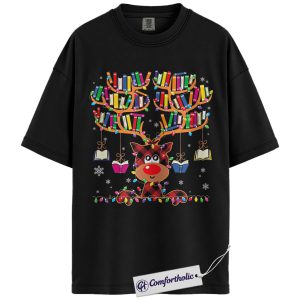 Book Lover Christmas Shirt, Cute Reindeer Reading T-Shirt, Funny Plaid Book Antler Graphic Tee, Holiday Gift for Teachers and Librarians, Christmas Comfort Colors Shirt