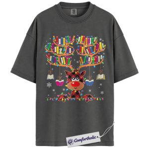 Alternative view of Book Lover Christmas Shirt, Cute Reindeer Reading T-Shirt, Funny Plaid Book Antler Graphic Tee, Holiday Gift for Teachers and Librarians, Christmas Comfort Colors Shirt