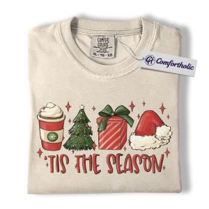 Tis the Season Christmas Shirt, Cute Holiday Coffee Lover T-Shirt, Festive Gift Graphic Tee for Women, Christmas Comfort Colors Shirt