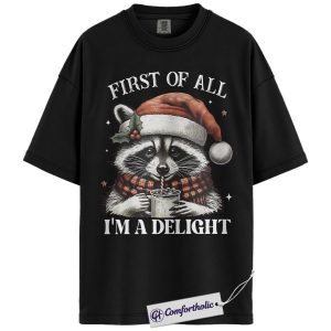 Raccoon Christmas Shirt, Funny Holiday Animal T-Shirt, Cute Santa Raccoon Hot Cocoa Graphic Tee, Christmas Gift for Animal Lovers, Christmas Comfort Colors Shirt