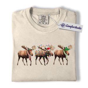 Alternative view of Funny Moose Christmas Shirt, Cute Holiday Animal T-Shirt, Festive Lights and Santa Hat Graphic Tee, Christmas Gift for Animal Lovers, Christmas Comfort Colors Shirt