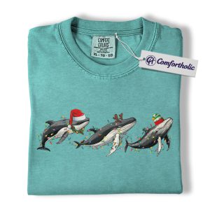 Whale Christmas Shirt, Cute Sea Animal Holiday T-Shirt, Festive Ocean Lover Graphic Tee, Marine Animal Christmas Gift, Christmas Comfort Colors Shirt
