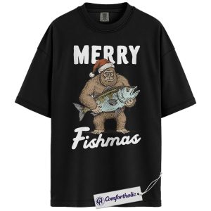 Alternative view of Merry Fishmas Shirt, Funny Bigfoot Fishing Christmas T-Shirt, Fisherman Holiday Graphic Tee, Outdoor Humor Gift for Men, Christmas Comfort Colors Shirt