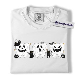 Alternative view of Halloween Teeth Shirt, Funny Dental T-Shirt, Cute Tooth Ghost and Pumpkin Graphic Tee, Spooky Dental Hygienist Gift, Comfort Colors Shirt
