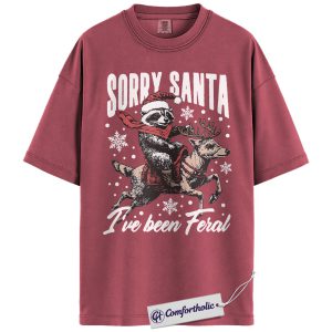 Sorry Santa I’ve Been Feral Shirt, Funny Christmas Raccoon T-Shirt, Holiday Humor Graphic Tee, Cute Animal Christmas Gift, Trash Panda Comfort Colors Shirt