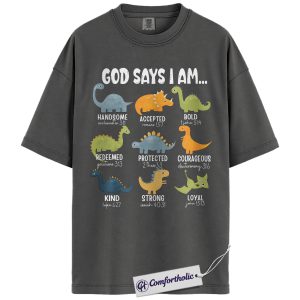Alternative view of God Says I Am Dinosaur Shirt, Christian Bible Verse T-Shirt, Cute Religious Kids Graphic Tee, Faith-Based Gift for Boys and Girls, Comfort Colors Shirt