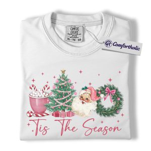 Alternative view of Tis The Season Christmas Shirt, Vintage Santa Tree Wreath T-Shirt, Cute Pink Holiday Graphic Tee, Festive Winter Gift for Women, Christmas Comfort Colors Shirt