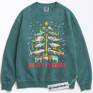 Merry Fishmas Sweatshirt, Funny Fishing Christmas Pullover, Humor Outdoor Lover Graphic Sweatshirt, Festive Holiday Gift for Fishermen, Christmas Comfort Colors Sweatshirt