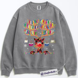 Alternative view of Book Lover Christmas Sweatshirt, Cute Reindeer Reading Sweatshirt, Funny Plaid Book Antler Graphic Sweatshirt, Holiday Gift for Teachers and Librarians, Christmas Comfort Colors Sweatshirt
