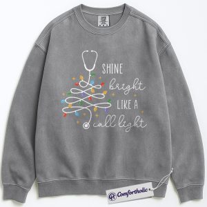 Alternative view of Call Light Shines Bright Sweatshirt, Funny Nurse Christmas Crewneck, Cute Medical Worker Graphic Sweatshirt, Holiday Gift for Nurses & Healthcare Professionals, Christmas Comfort Colors Sweatshirt