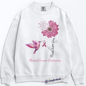 Faith Hope Love Breast Cancer Awareness Sweatshirt, Pink Ribbon Hummingbird Pullover, Floral Christian Support Crewneck for Women, October Cancer Awareness Gift, Comfort Colors Sweatshirt