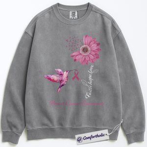 Faith Hope Love Breast Cancer Awareness Sweatshirt, Pink Ribbon Floral Crewneck, Christian Hummingbird Pullover for Women, October Support Gift, Comfort Colors Sweatshirt