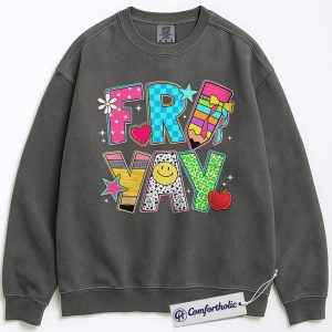 Friyay Teacher Sweatshirt, Colorful Friday Pullover for Women, Happy Smiley Face Graphic Crewneck, Fun School Spirit Comfort Colors Sweatshirt