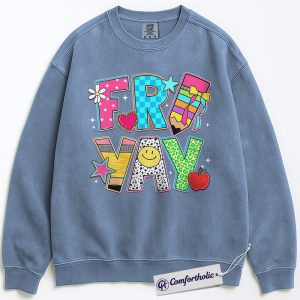 Alternative view of Friyay Teacher Sweatshirt, Colorful Friday Pullover for Women, Happy Smiley Face Graphic Crewneck, Fun School Spirit Comfort Colors Sweatshirt