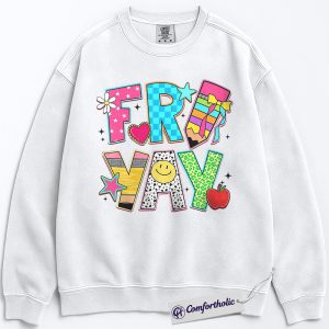 Friyay Teacher Sweatshirt, Happy Colorful Friday Crewneck for Women, Smiley Face Graphic Pullover, Fun School Spirit Comfort Colors Sweatshirt
