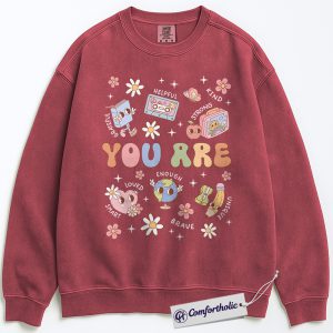 You Are Enough Sweatshirt, Motivational Affirmation Crewneck, Cute Positive Message Pullover, Mental Health Awareness Gift for Teachers & Students, Comfort Colors Sweatshirt