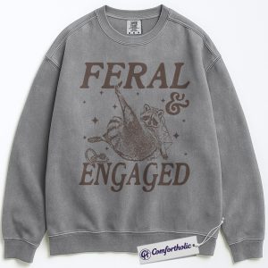 Alternative view of Feral and Engaged Sweatshirt, Funny Raccoon Engagement Pullover, Cute Bride to Be Graphic Crewneck, Bachelorette Party Gift for Animal Lovers, Wedding Comfort Colors Sweatshirt