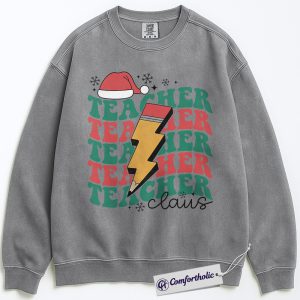 Alternative view of Teacher Claus Christmas Sweatshirt, Funny Holiday Teacher Sweatshirt, Lightning Bolt Retro Graphic Sweatshirt, Cute Gift for Educators and School Staff, Christmas Comfort Colors Sweatshirt
